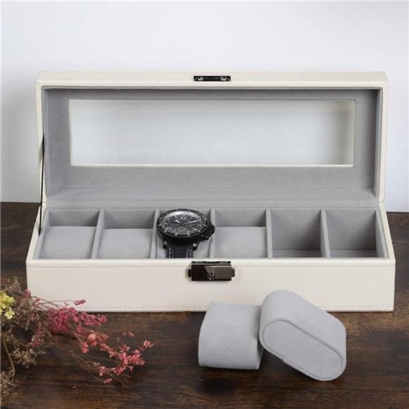 Watch Case 6 Slot Leather Watch Box Display Case Organizer Glass Jewelry Storage - Picture 7 of 7